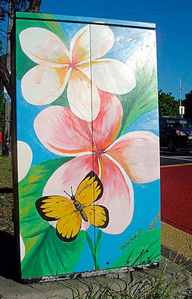 A city of Seattle traffic signal box decorated with art.
