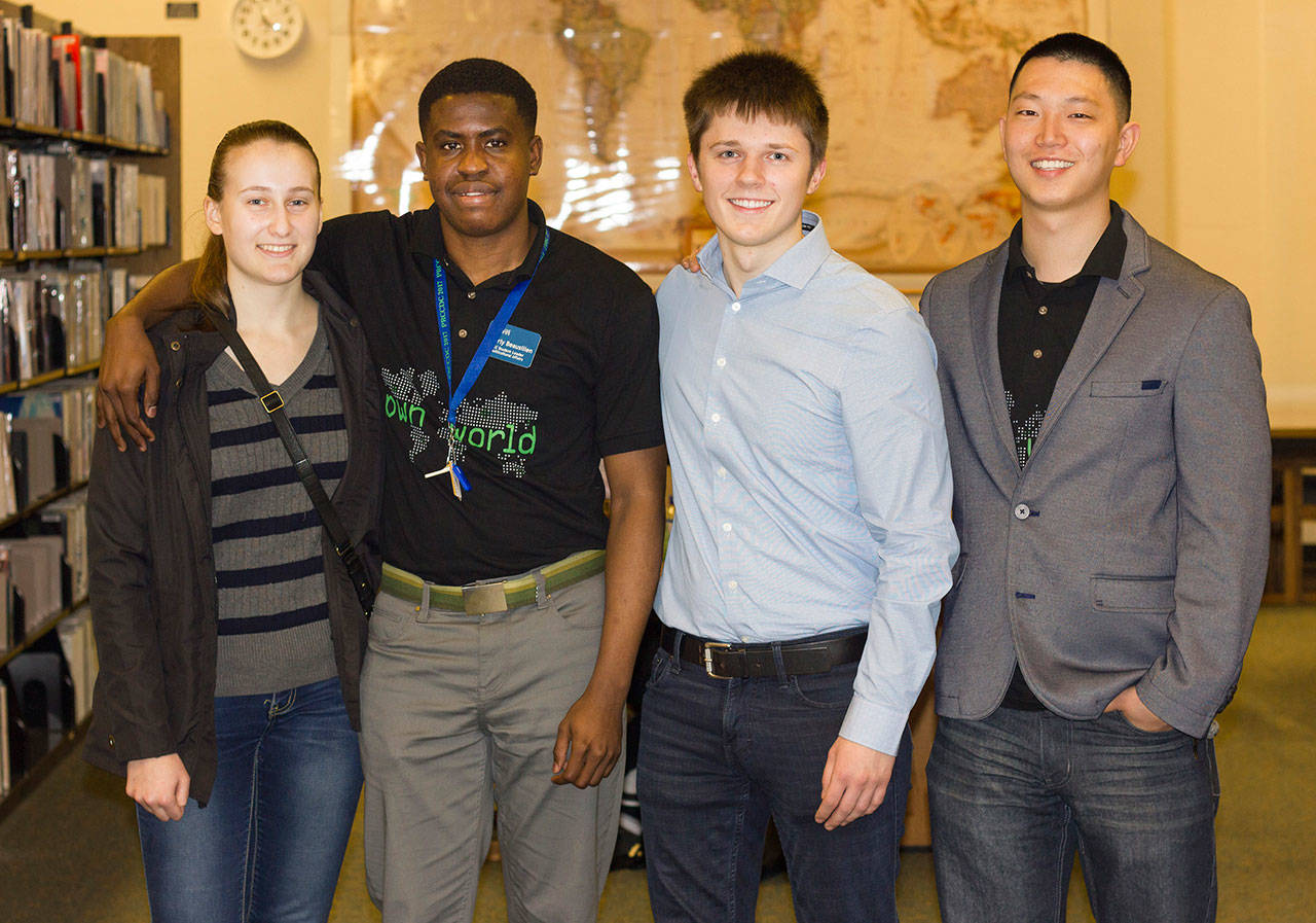 From left, Amna Hadzihasanovic, Ederly Beausilien, Dmitriy Koval and Boo Park are four of the nearly 20 Computer Information Systems students who are designing the corporate computer network that will be used during the International Collegiate Cyber Defense Invitational, June 20–22. Organized and hosted by Highline College, the invitational will bring together students from higher education institutions around the world. COURTESY PHOTO, Highline College