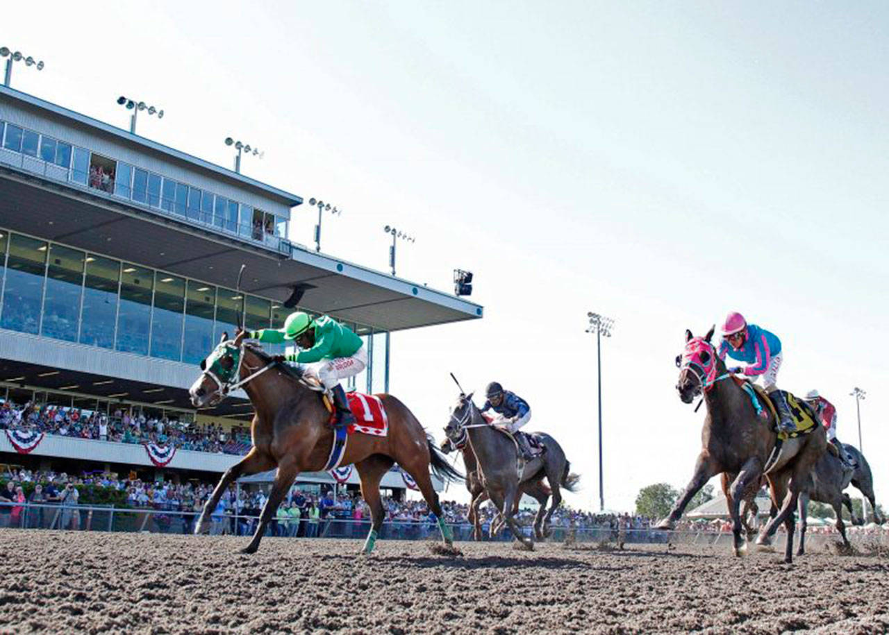 Risque’s Legacy (No. 1) edges Retreat Yourself in the Kent Stakes last month. COURTESY PHOTO, Emerald Downs