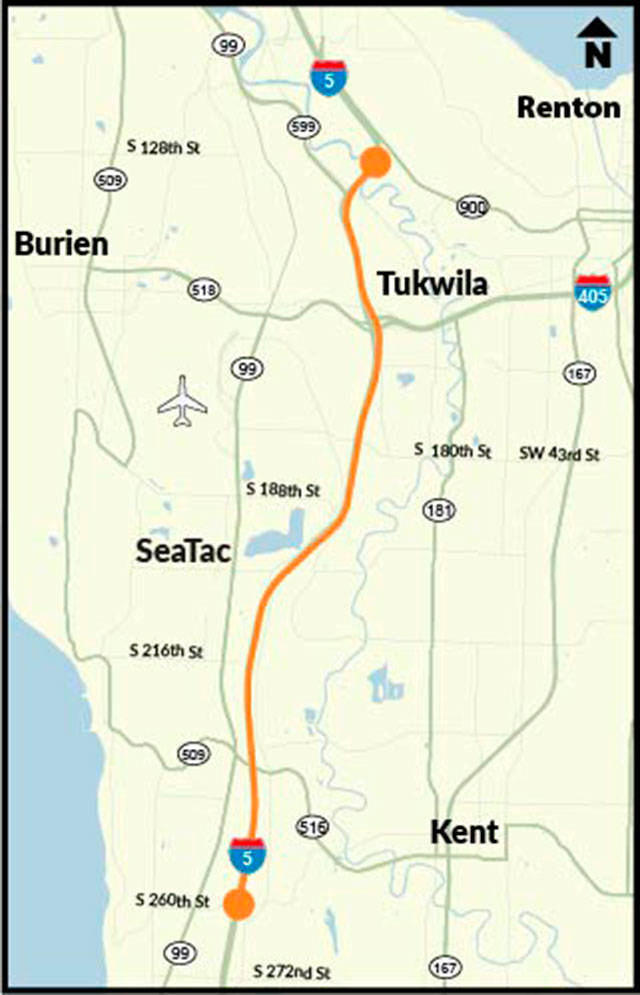WSDOT is rehabilitating about 10 miles of northbound I-5 from South 260th Street in Des Moines to the Duwamish River. The work includes replacing broken concrete panels, grinding the concrete surface, replacing part of the concrete with asphalt, replacing eight expansion joints and ADA improvements. COURTESY MAP, WSDOT