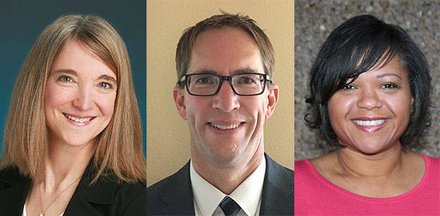 From left, Agda Burchard, Bryon Madsen and Denise Daniels face off in the August primary election for Position No. 4 on the Kent School Board. The two candidates with the most votes advance to the November general election.