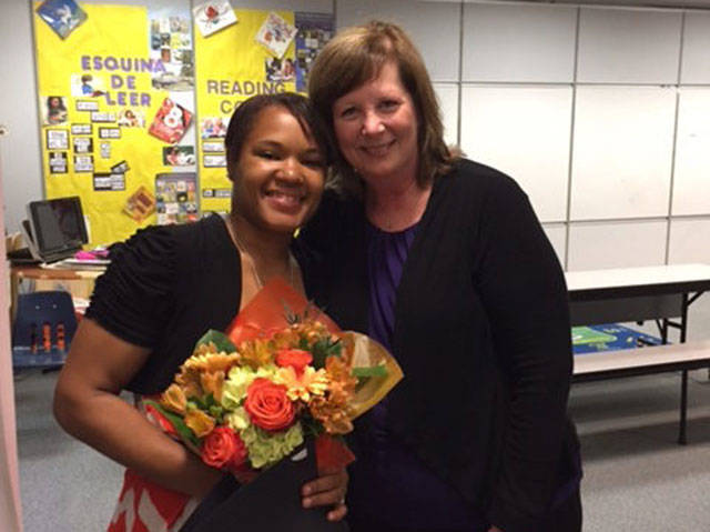 Denisha Saucedo, left, was recently named the Regional Teacher of the Year for the Puget Sound Education Service District (PSESD). She is joined by Terese Emery, associate superintendent of kindergarten through post-secondary learning for PSESD. Courtesy photo, PSESD