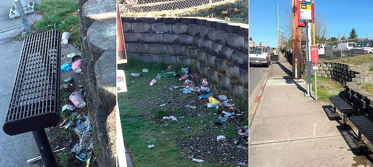 City crews cleaned up litter from this Metro bus stop in Kent as shown in before and after photos. Courtesy Photo, City of Kent
