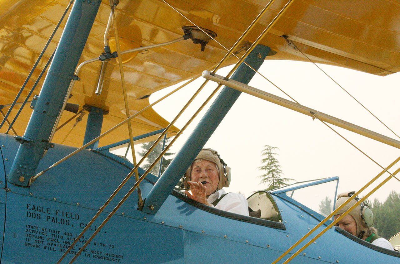 Betty Dybbro gets ready to take off in a Stearman, a biplane used as a military trainer aircraft. KEVIN HANSON, Enumclaw Courier-Herald