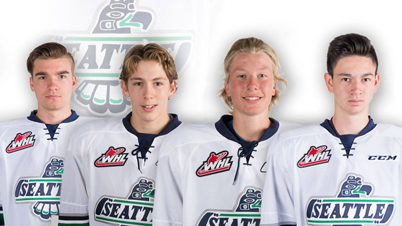 The newly-signed Thunderbirds are, from left: Graeme Bryks, goalie Cole Schwebius, defenseman Cade McNelly and center Samuel Huo. COURTESY PHOTOS, T-Birds