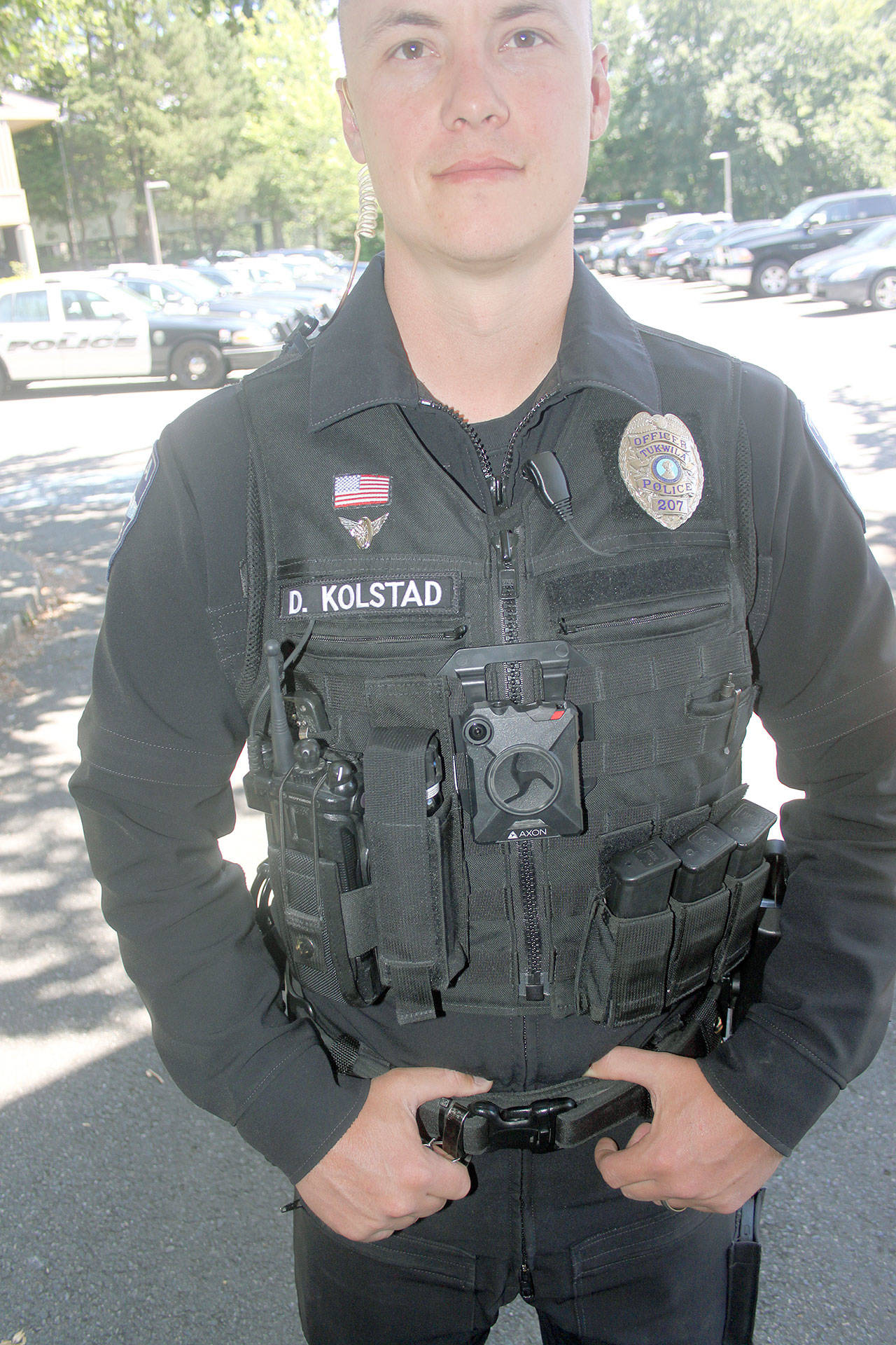 A Tukwila Police officer wears a body camera during a pilot program last year. Kent Police remain in the discussion stage about whether to purchase body cameras. File Photo/Tukwila Reporter