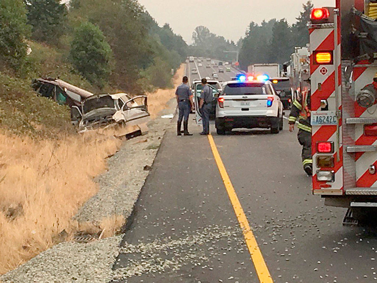 Two vehicles collided along northbound I-5 on Wednesday morning and ended up in the center median. Courtesy Photo/State Patrol