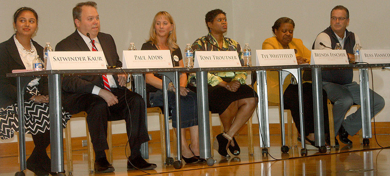 Candidates for the Kent City Council participate in a debate: Satwinder Kaur, Paul Addis, Toni Troutner, Tye Whitfield, Brenda Fincher and Russ Hanscom. STEVE HUNTER/Kent Reporter