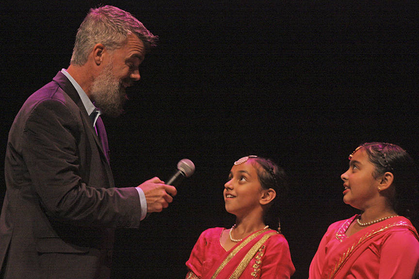 The audience choice award went to Sanaina Kaur Dhaliwal and Jasmin Kaur Bains, who performed a Punjabi dance. Emcee Bender Cunninghm, of 106.1 KISS-FM, interviews them after their performance. MARK KLAAS, Kent Reporter