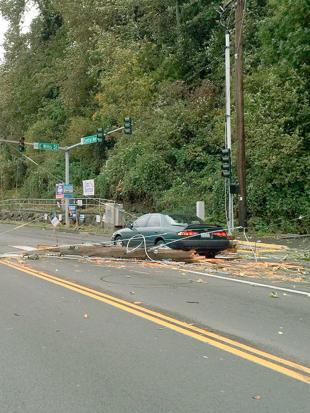 Wind blew down a power pole and wires on Wednesday evening at Central Avenue South and Willis Street. Courtesy Photo/Kent Police