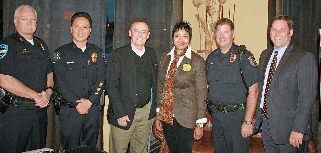 Attending the breakfast were, from left, Auburn Chief of Police Bob Lee; Federal Way Police Chief Andy Hwang; King County Council member Pete von Reichbauer; Federal Way Public Schools Superintendent Tammy Campbell; Kent Police Chief Ken Thomas; and Federal Way Mayor Jim Ferrell. COURTESY PHOTO