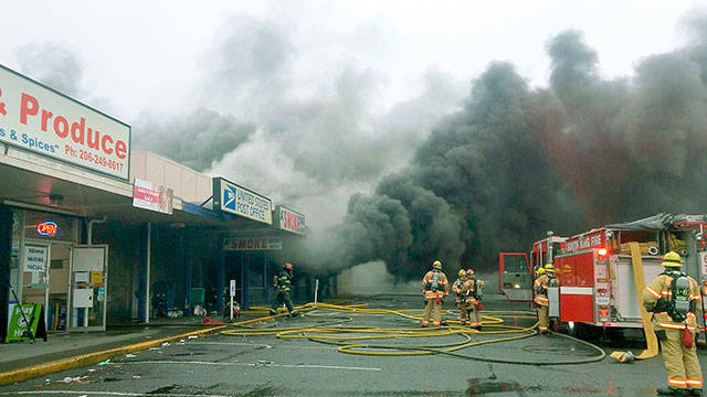 An arson fire last November destroyed a Dollar Tree store and strip mall on Kents West Hill along Pacific Highway South. Courtesy Photo/Puget Sound Fire