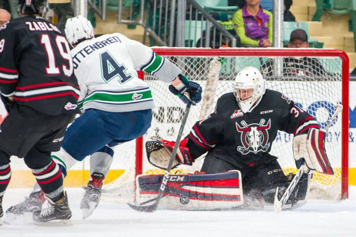 Seattle’s Turner Ottenbreit fires a shot at Red Deer goalie Ethan Anders during WHL action in Alberta on Wednesday night. COURTESY PHOTO, Rob Wallator