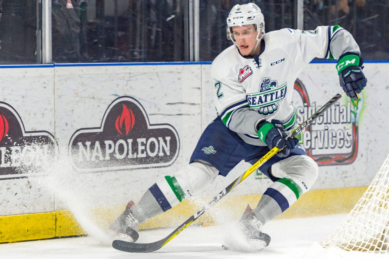 Seattle’s Austin Strand is among the top-scoring defensemen in the Western Hockey League this season. COURTESY PHOTO, Brian Liesse, T-Birds