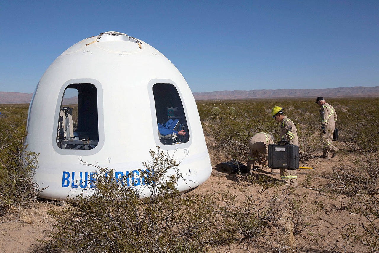 Blue Origin’s Crew Capsule 2.0 landed Tuesday in Texas after a test flight of the New Shepherd rocket. COURTESY PHOTO, Blue Origin