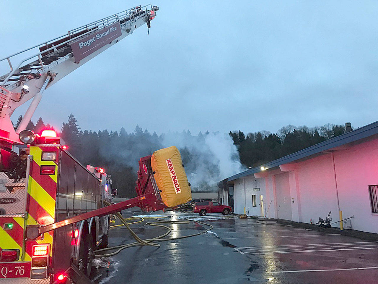 Firefighters battle a commercial blaze Monday morning in the 22600 block of 88th Avenue South in Kent. COURTESY PHOTO, Puget Sound Fire