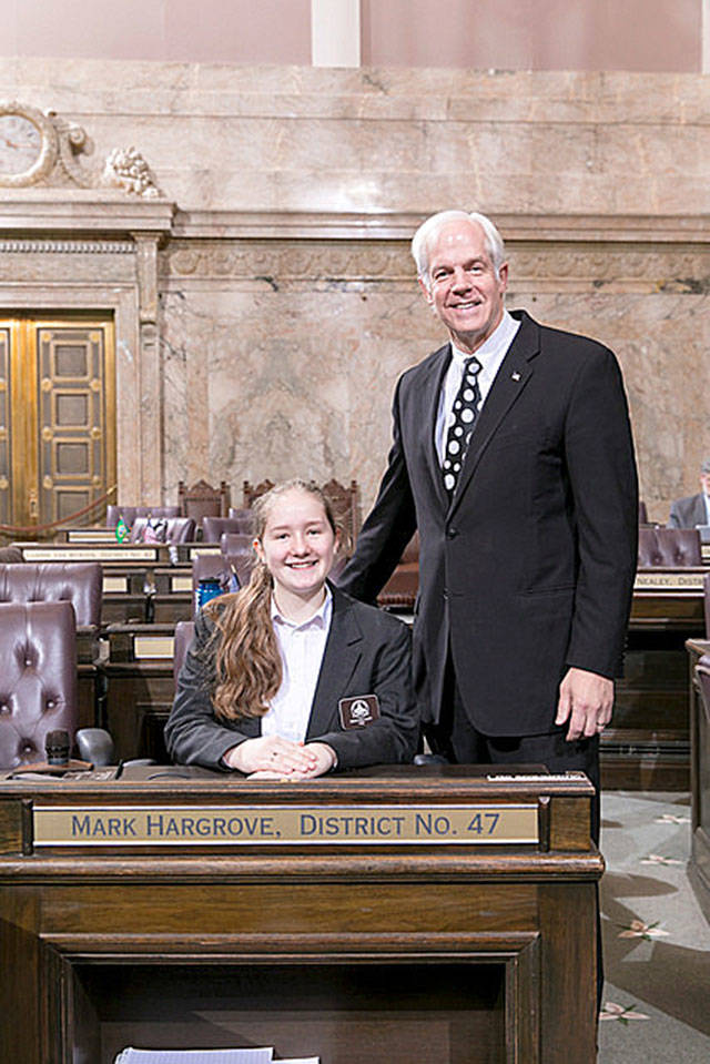 Kent’s Eden Elliott on the House floor with her sponsor, Rep. Mark Hargrove, R-Covington. COURTESY PHOTO, Washington State Legislature