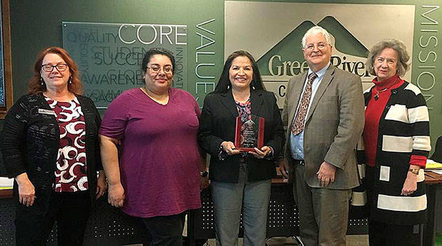 From left to right: Green River College Board Trustees Jackie Boschok, Sharonne Navas, Claudia Kauffman (retired),Tim Clark and Linda Cowan. COURTESY PHOTO, Green River College