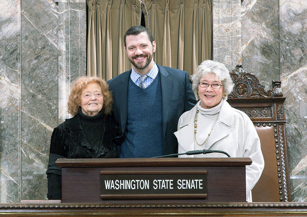 The state Senate honored and thanked former Kent Mayor Suzette Cooke, right, for her service in a resolution sponsored by Sen. Joe Fain, R-Auburn, middle. Cooke’s mother, Virginia Allen, left, joined the ceremony in the Senate chamber. COURTESY PHOTO, Washington State Legislature.