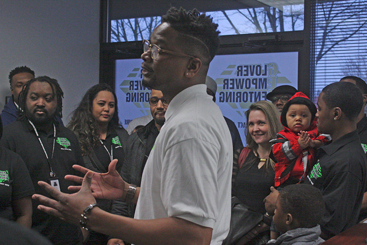 Kendrick Glover, GEM co-founder and executive director, talks about his team during the nonprofit’s grand opening of its new home Feb. 28. MARK KLAAS, Kent Reporter