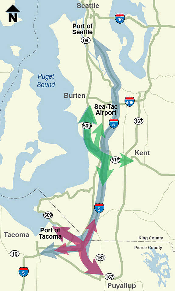 This shows the planned extensions of State Routes 167 and 509, including Veterans Drive in Kent. COURTESY GRAPHIC, state DOT