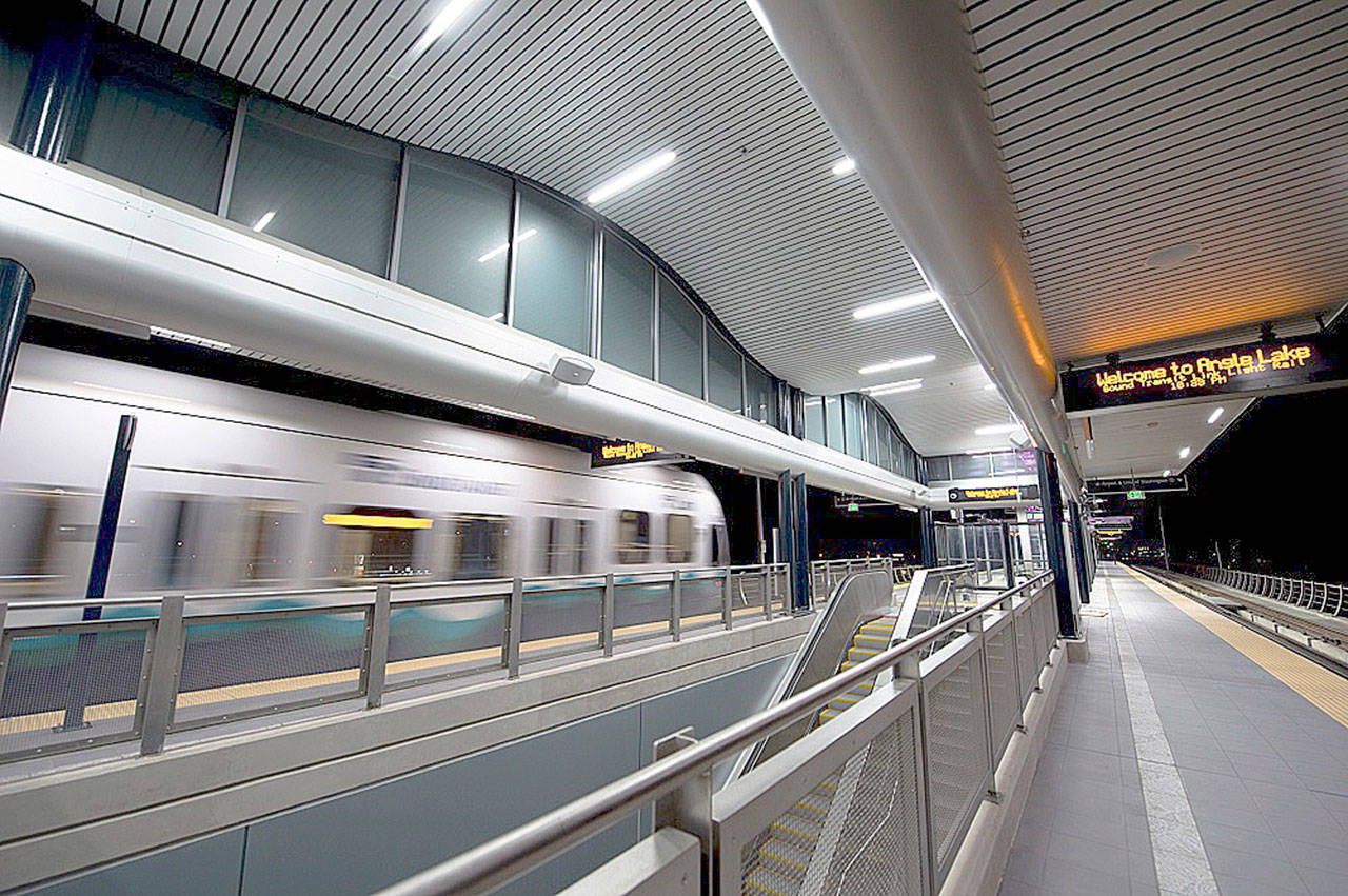 A photo at night of the Angle Lake Station for light rail in SeaTac. The new stations in Kent will be elevated as well. COURTESY PHOTO, Sound Transit