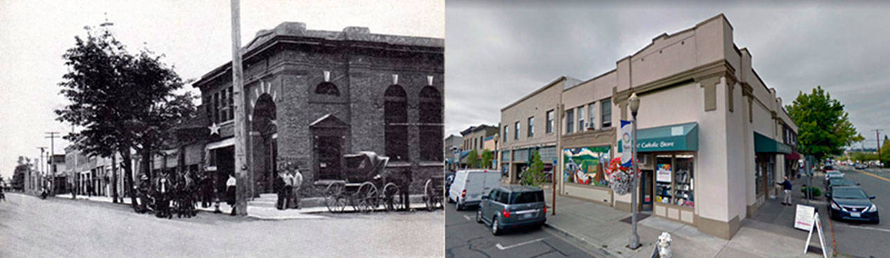 Then and now: The Morrill Bank building, on the corner of 1st and Gowe, in 1910, left, and today. COURTESY PHOTOS