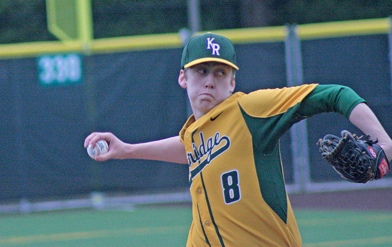 Kentridge’s Cameron Hale fires a pitch during his complete-game, three-hit shutout of Kentwood at Hogan Park at Russell Road on Friday. MARK KLAAS, Kent Reporter