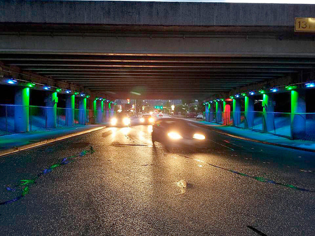 The city of Kent and Kent Downtown Partnership unveiled new lights May 10 along West Meeker Street under the Highway 167 overpass. COURTESY PHOTO, City of Kent