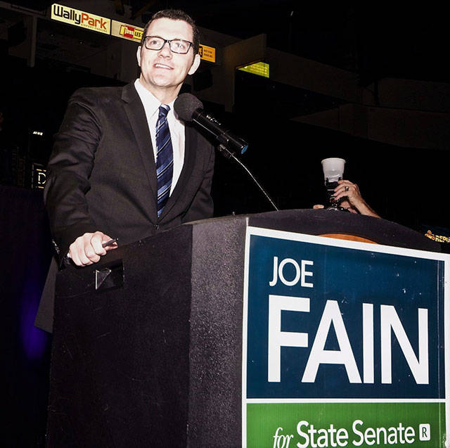 Sen. Joe Fain, R-Auburn, speaks at his campaign kickoff event at the accesso ShoWare Center on Tuesday. COURTESY PHOTO