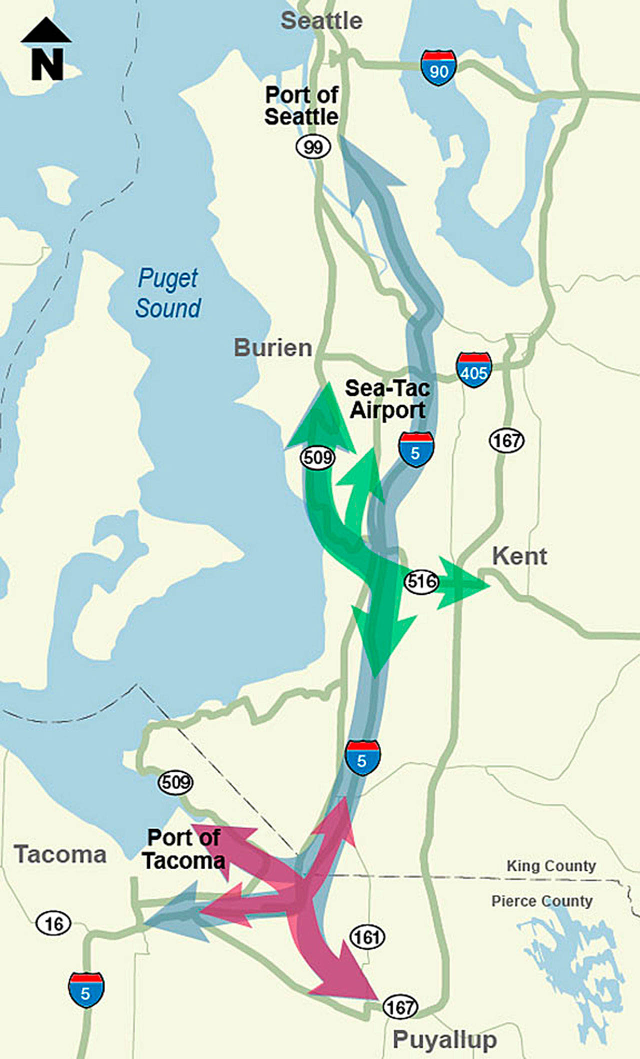 This map shows were the state DOT plans to extend SR 509 and SR 167. COURTESY GRAPHIC, State DOT