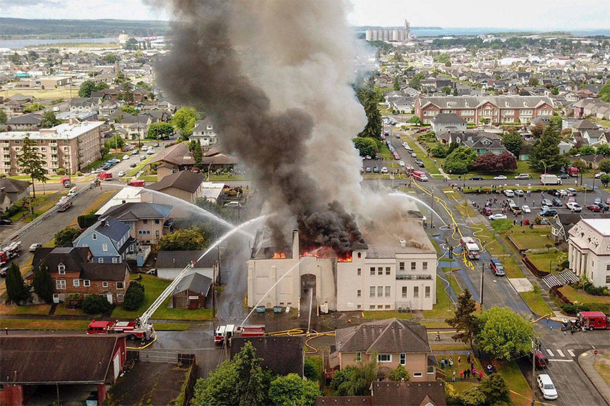 This photo was taken by a drone from the east side of the Armory Building, which caught on fire Saturday morning. Several fire trucks can be seen attacking the fire from different angles. Courtesy of Eric Timmons