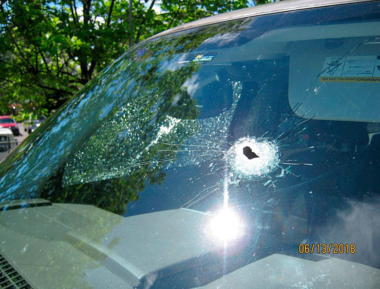 One of four vehicles hit by gunshots on Wednesday, June 13, along State Route 509 near Burien and SeaTac. COURTESY PHOTO, State Patrol