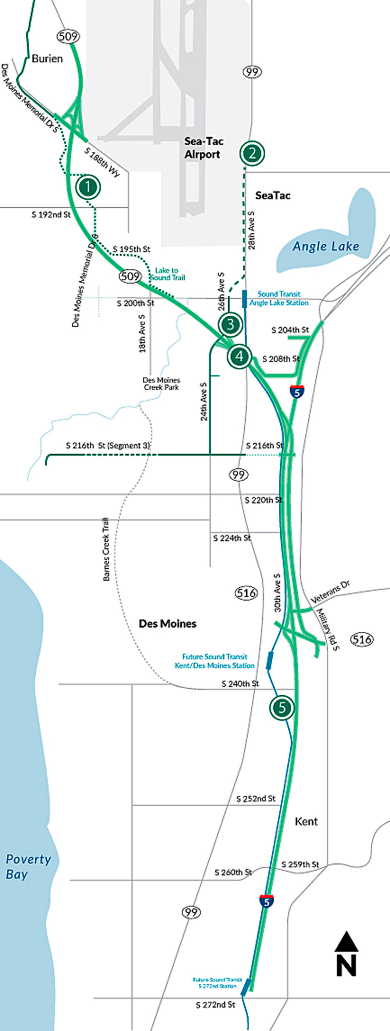 1) The SR 509 alignment will cross over the Lake to Sound Trail near South 200th St. 2) The project design accommodates the Port of Seattle’s concept for a South Airport Expressway from SR 509 to Sea-Tac Airport. 3) 28th/24th Avenue South connection in SeaTac. 4) All lanes on the new portion of SR 509 will be tolled using one electronic toll point. 5) State DOT is working closely with Sound Transit as both agencies work to build new major infrastructure projects in the area. COURTESY GRAPHIC, State DOT