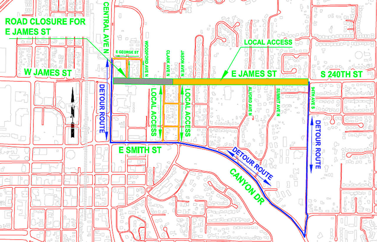 This map shows the proposed detour route planned for later this summer for construction along East James Street. COURTESY GRAPHIC, City of Kent