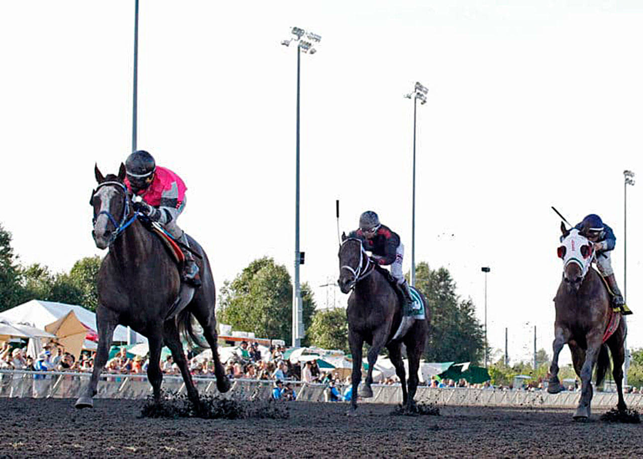 Sippin Fire, left, with Rocco Bowen up, rolls to a 2¾-length victory in the $50,000 Seattle Slew Stakes for 3-year-old colts and geldings at Emerald Downs on Sunday. COURTESY TRACK PHOTO