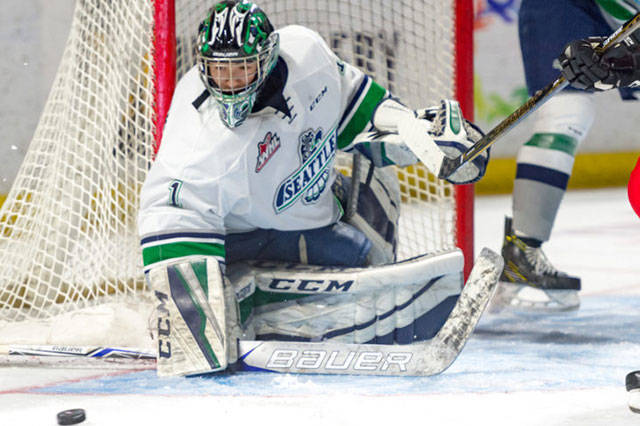 Carl Stankowski backstopped the T-Birds to the 2017 WHL championship, finishing the playoffs with a 16-4 record with a 2.50 goals against average and a .911 save percentage. COURTESY PHOTO, Brian Liesse, Thunderbirds