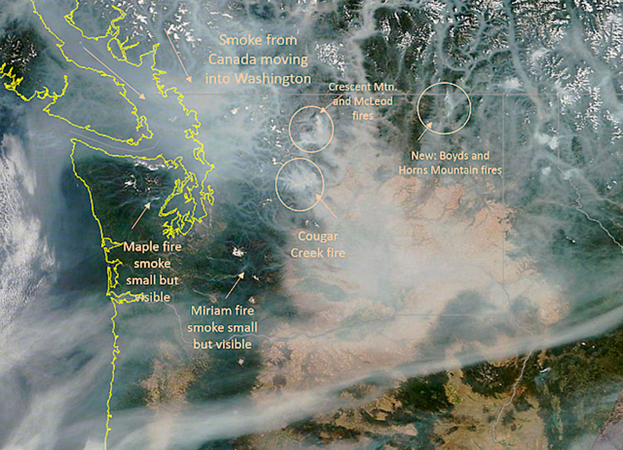 This satellite photo at about 2 p.m. Monday shows which wildfires are sending smoke into the Puget Sound region. COURTESY PHOTO, wasmoke.blogspot.com