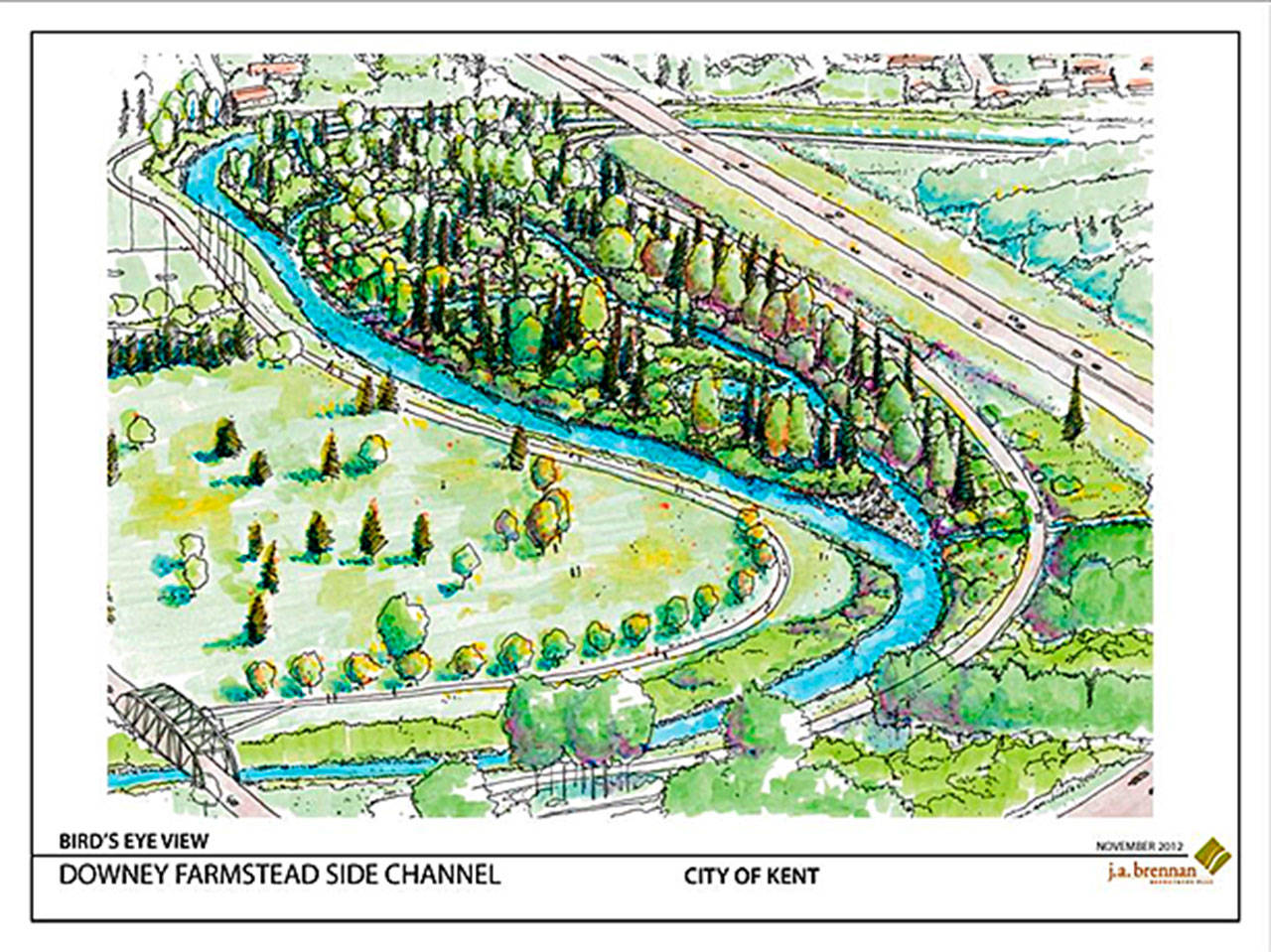 A drawing shows the planned Downey Farmstead Restoration Project along the Green River in Kent to improve flood storage and salmon habitat. COURTESY GRAPHIC, City of Kent