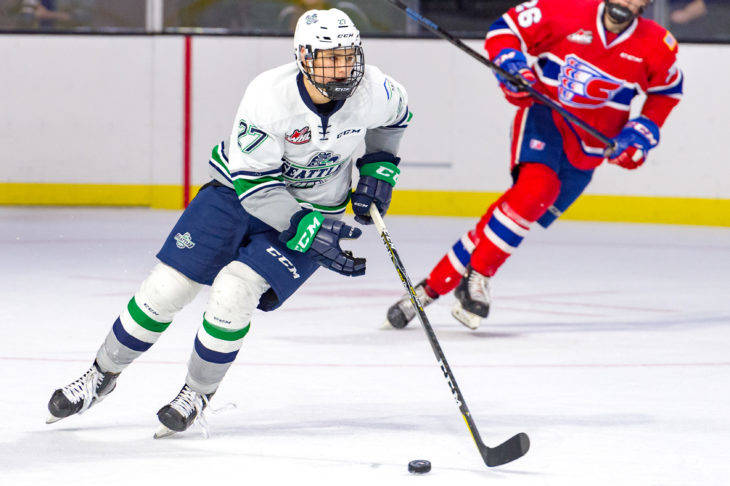 The Thunderbirds’ Payton Mount pushes the puck up the Ice during WHL preseason against Spokane on Sunday. COURTESY PHOTO, Brian Liesse, T-Birds