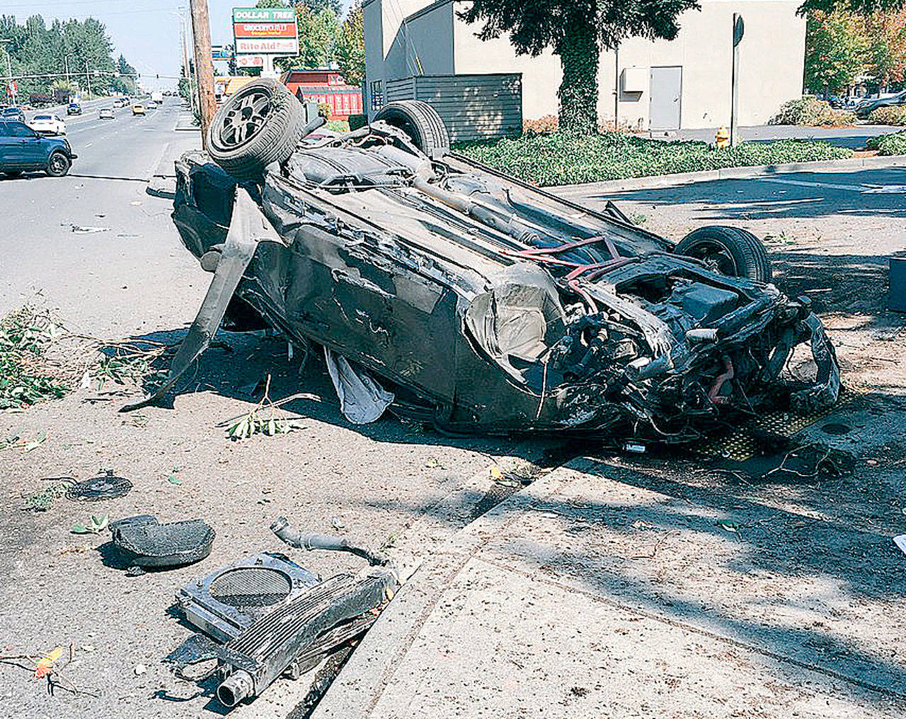 A 21-year-old driver rolled his car Sept. 5 in the 26200 block of Pacific Highway South. The driver and two passengers suffered non-life threatening injuries. COURTESY PHOTO, Kent Police