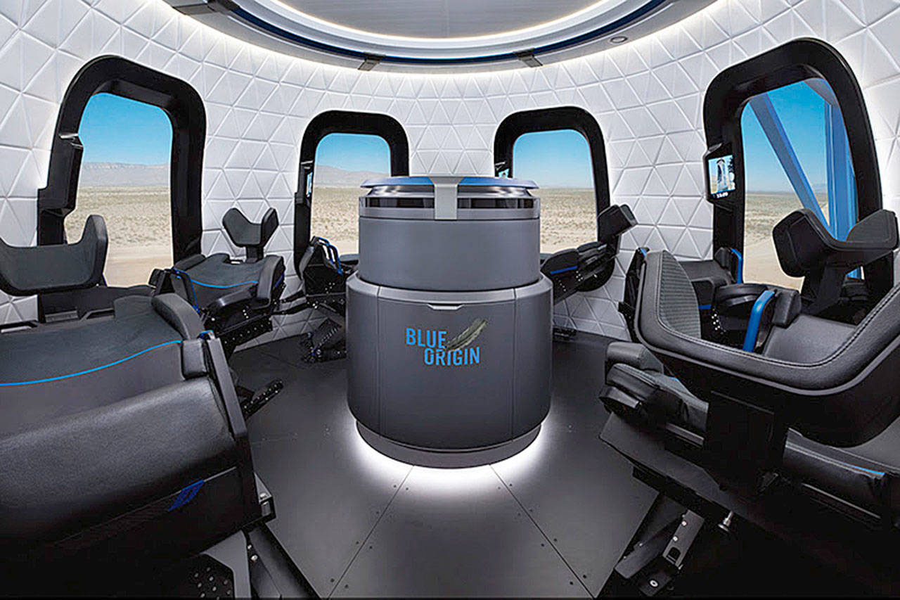 A Blue Origin flight capsule that the company plans to one day to use to carry people into space. COURTESY PHOTO, Blue Origin