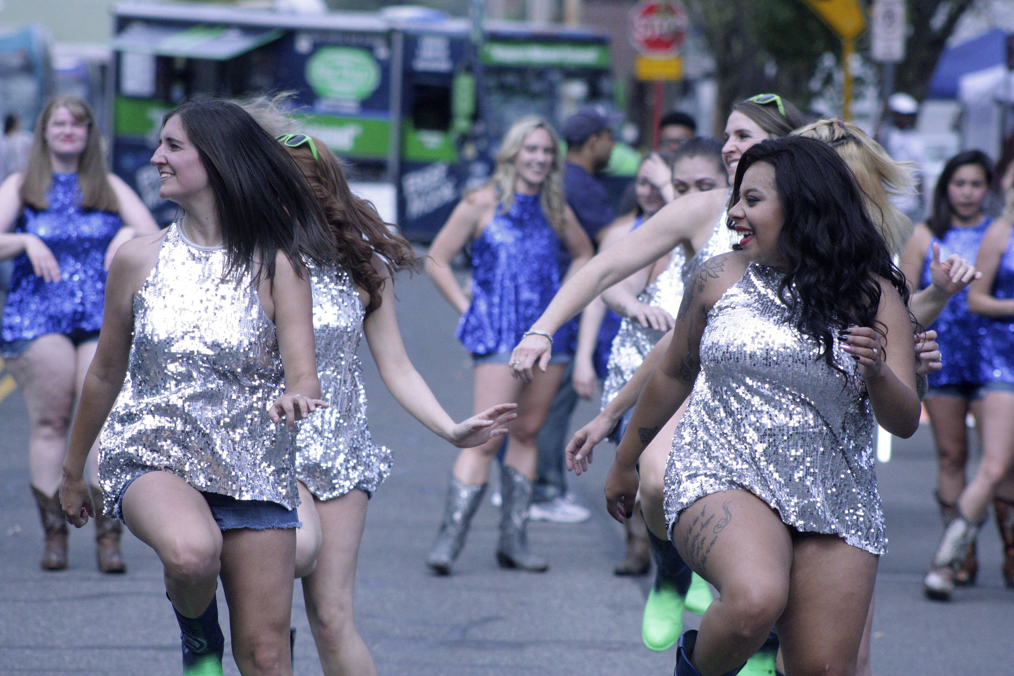 The Seattle Boot Boogie Babes line dancers perform on Railroad Avenue at the Kent Downtown Partnership’s fourth annual HAWKtoberfest Car Show last Saturday. MARK KLAAS, Kent Reporter