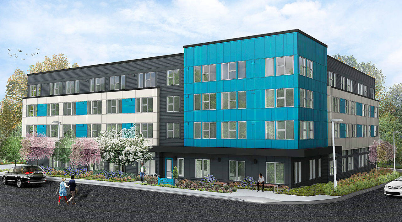 Seattle-based Catholic Community Services/Catholic Housing Services plans to build an 80-unit housing complex for the homeless on Kent’s West Hill. COURTESY GRAPHIC