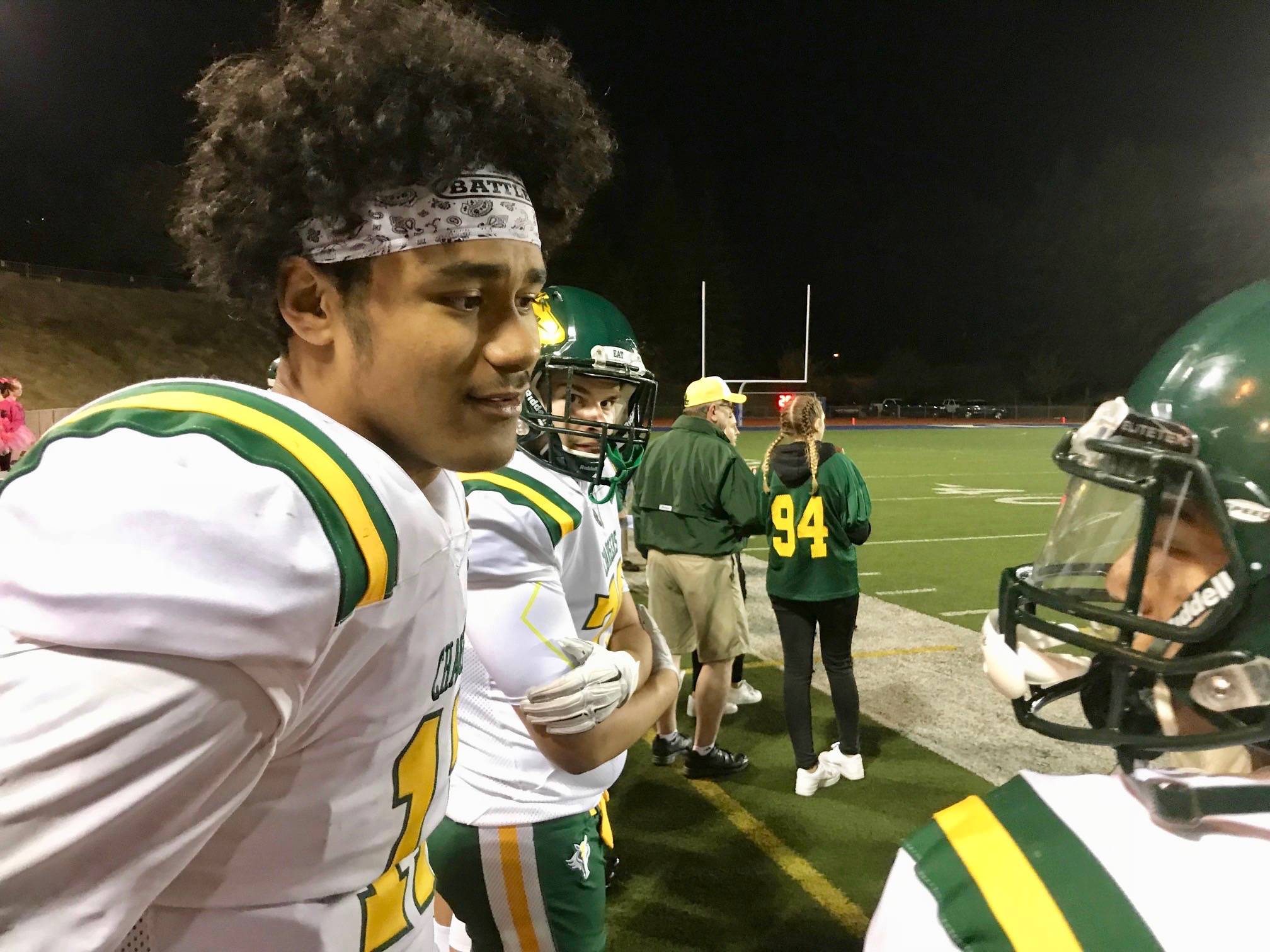 Kentridge’s Natano Woods talks to a teammate on the sideline late in the second half of Thursday night’s NPSL game. Woods accounted for seven touchdowns in the Chargers’ 71-51 victory against Kent-Meridian. MARK KLAAS, Kent Reporter