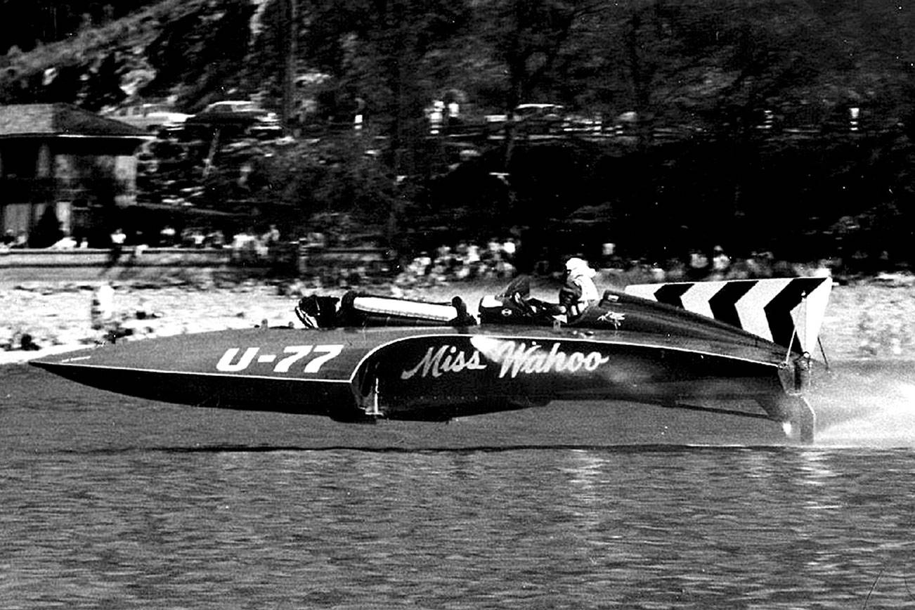 Mira Slovak driving the original Miss Wahoo unlimited hydroplane in 1957. COURTESY, Museum of Flight