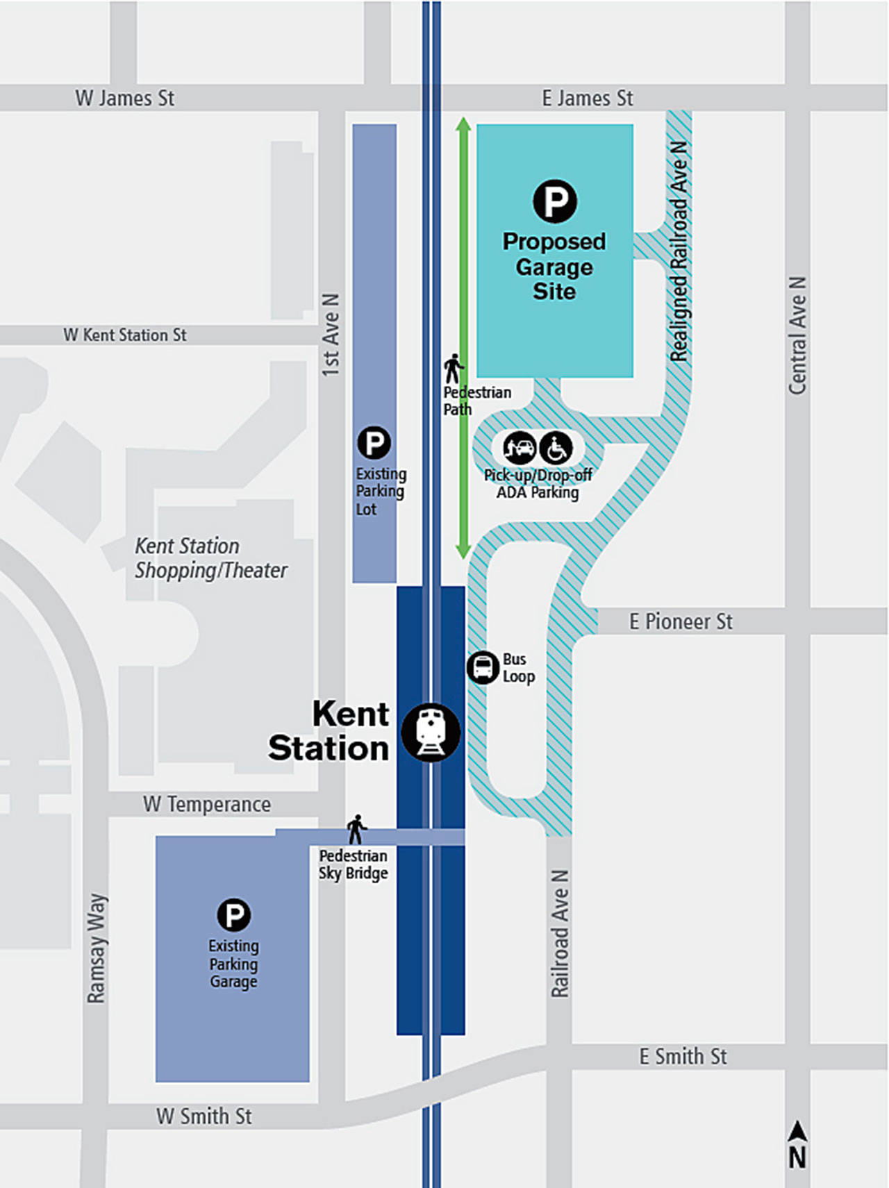 A map shows the plans for a new Sound Transit parking garage for train commuters in Kent. COURTESY GRAPHIC, Sound Transit