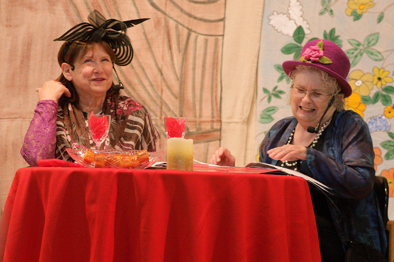 Trava Mayes, left, plays Mirabelle, and Anne Cameron is Bernice in Pamela Loyd’s “Lunch Ladies at L’ambrosia Luncheria,” on stage at the Kent Senior Activity Center this month. MARK KLAAS, Kent Reporter