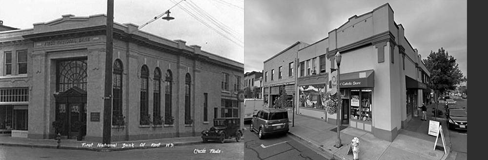 Then and now: The Morrill Bank building, on the corner of First and Gowe, in 1924, left, and today. COURTESY PHOTOS