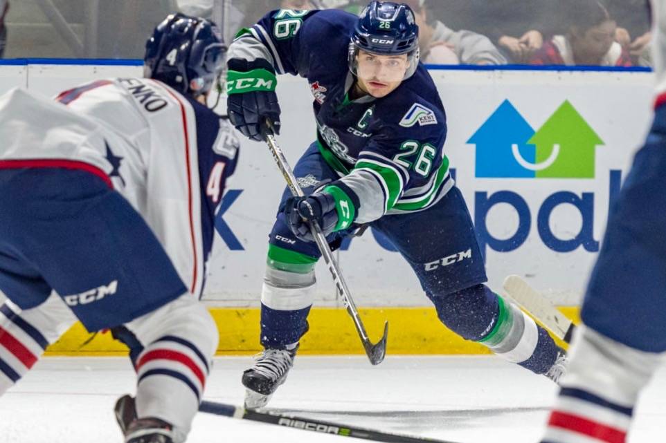 Thunderbirds captain Nolan Volcan fires a shot in the Tri-City zone during WHL play Tuesday night at the accesso ShoWare Center. Volcan had two goals and two assists in Seattle’s 5-4 win. COURTESY PHOTO, Brian Liesse, T-Birds